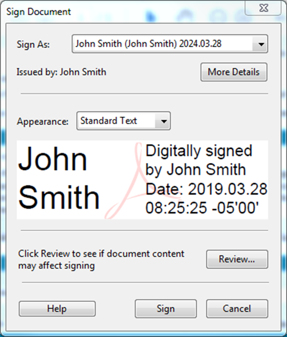 The sign document window with e-signature information displayed.